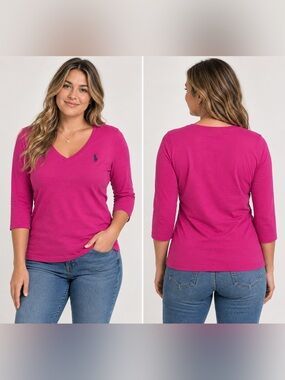 U.S. Polo Assn. Women’s XL Pink V-Neck 3/4 Sleeve Cotton Shirt Logo